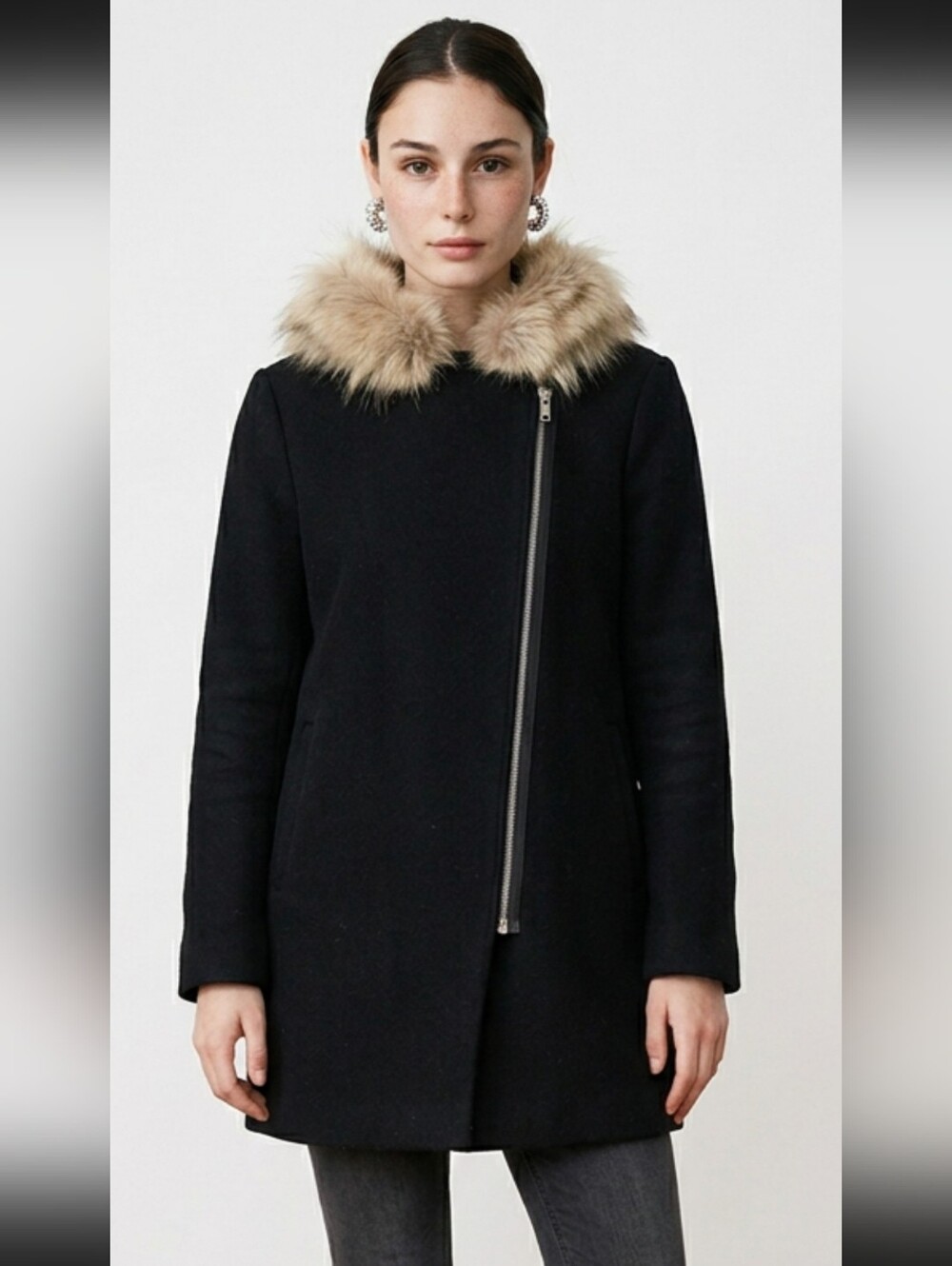 Sandro Paris Black Wool Hooded Coat Real Asiatic Raccoon Fur Trim EU 40 US M